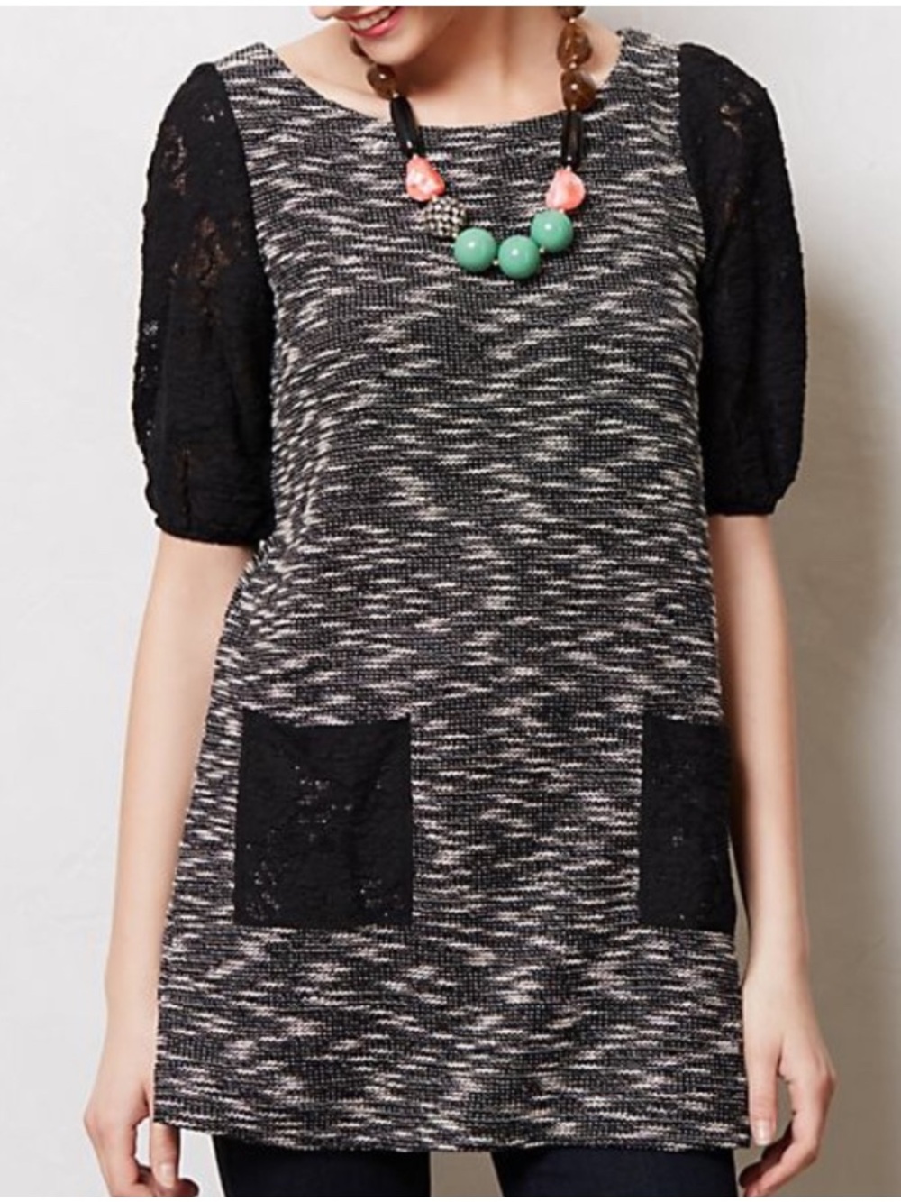 Anthropologie Postmark Staccato Black and Gray Lace short Sleeve Tunic Dress